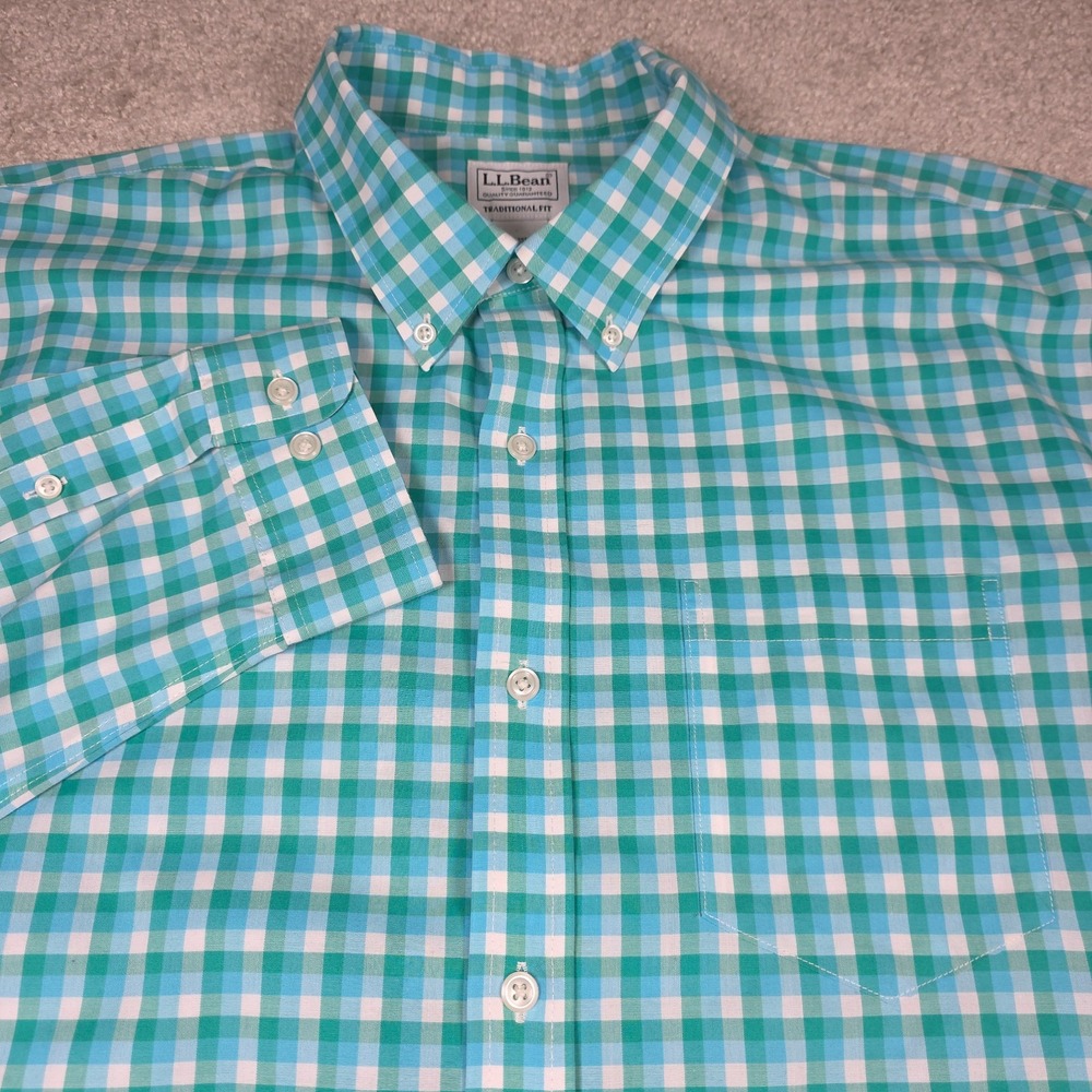 L.L. Bean Shirt Mens XL Green White Cotton Gingham Check Long Sleeve Button Down